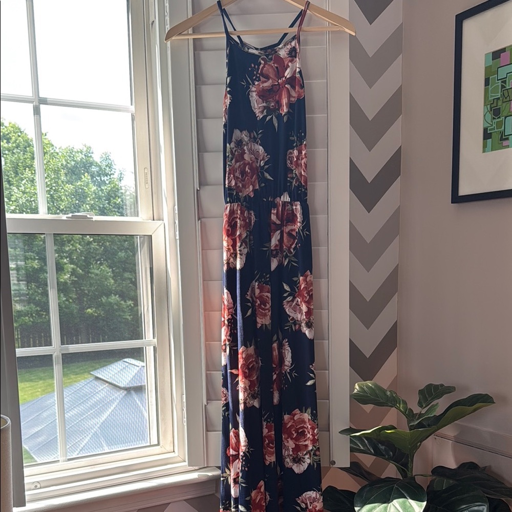 French Grey Sleeveless Halter Sundress Blue and Red